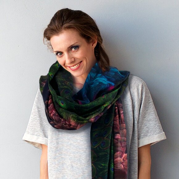 Peacock Feathers Parade Long Scarf Shawl Wrap - Picture 3 of 11